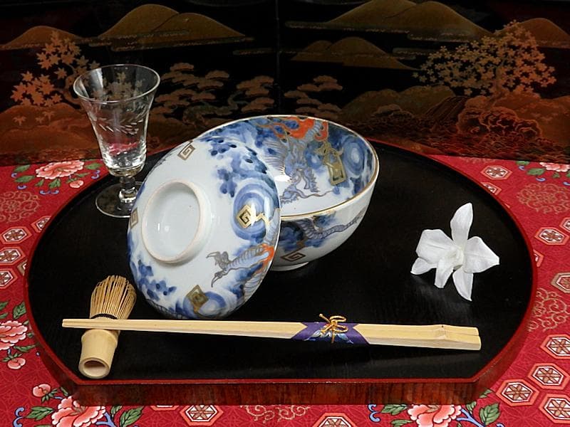 古伊万里　染錦　雲龍に雷紋の図　大振蓋茶碗　E255AS-fbjb