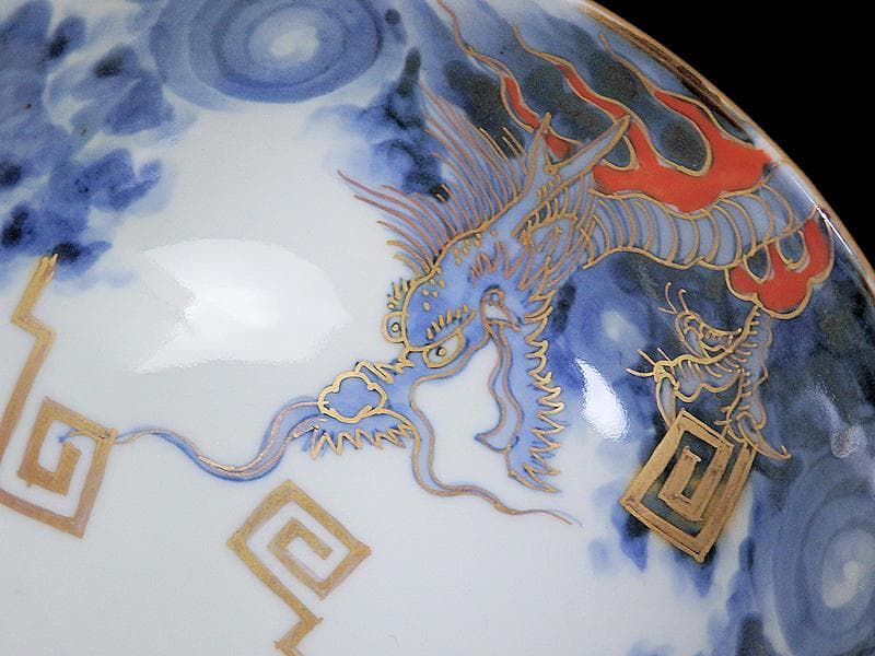 古伊万里　染錦　雲龍に雷紋の図　大振蓋茶碗　E255AS-fbjb