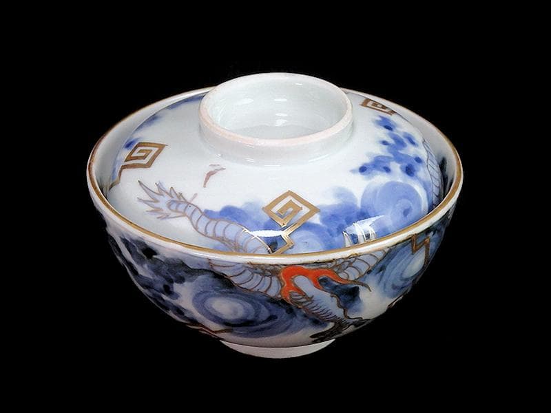 古伊万里　染錦　雲龍に雷紋の図　大振蓋茶碗　E255AS-fbjb