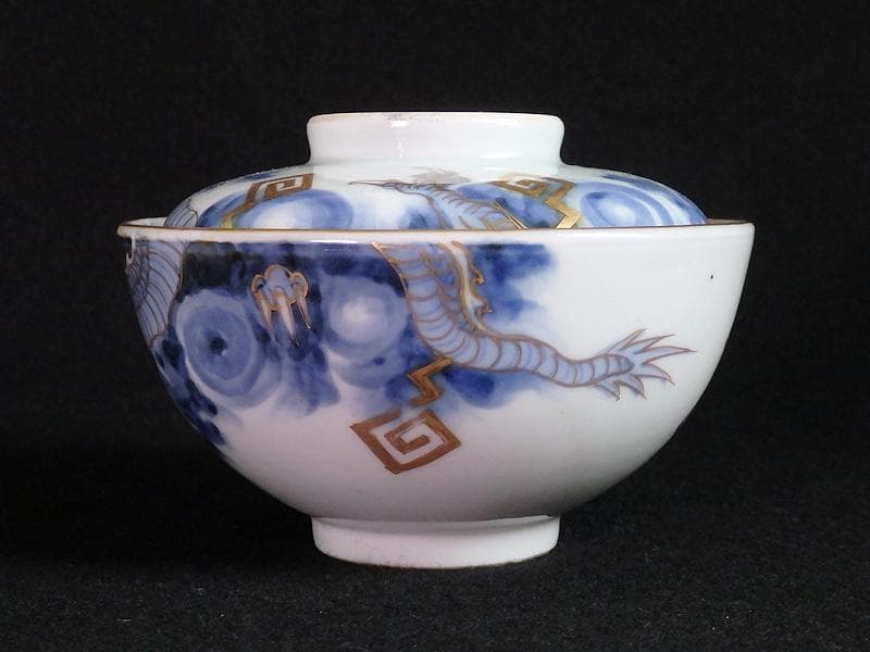 古伊万里　染錦　雲龍に雷紋の図　大振蓋茶碗　E255AS-fbjb