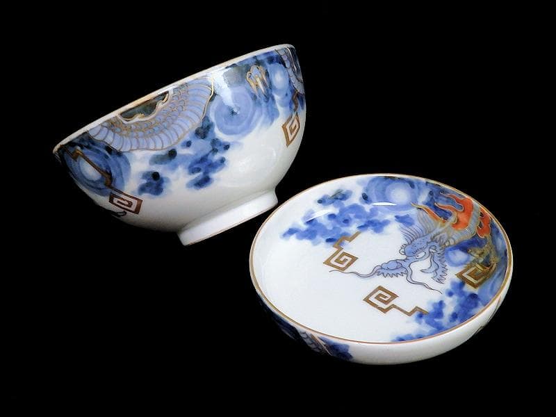 古伊万里　染錦　雲龍に雷紋の図　大振蓋茶碗　E255AS-fbjb