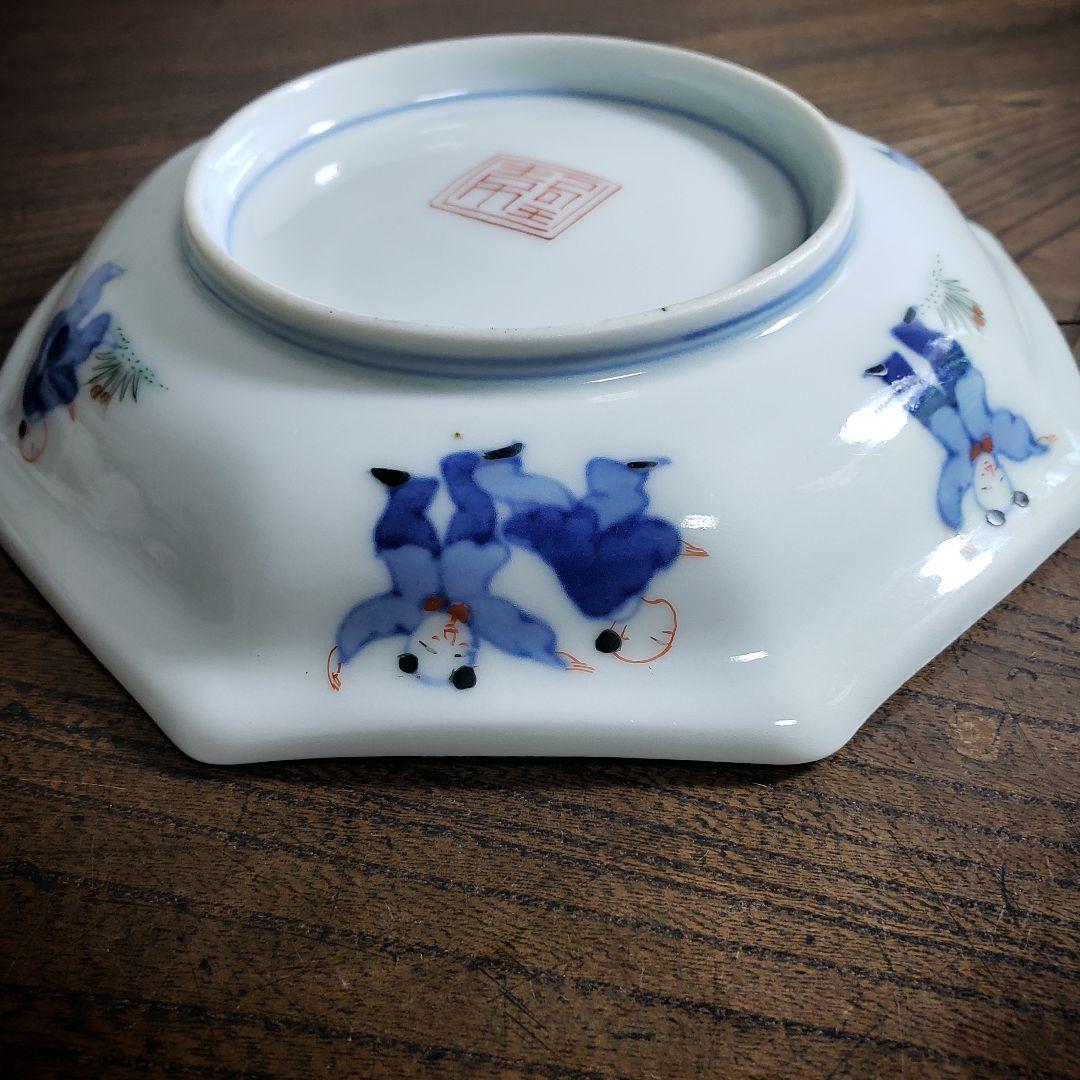 八角形　変形皿　無花果　色絵付　染付　中国童　柿右衛門様式　古伊万里　イ号