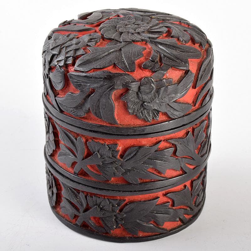 中国　堆朱　堆黒　内七宝 　花文　重香合　M　R5962