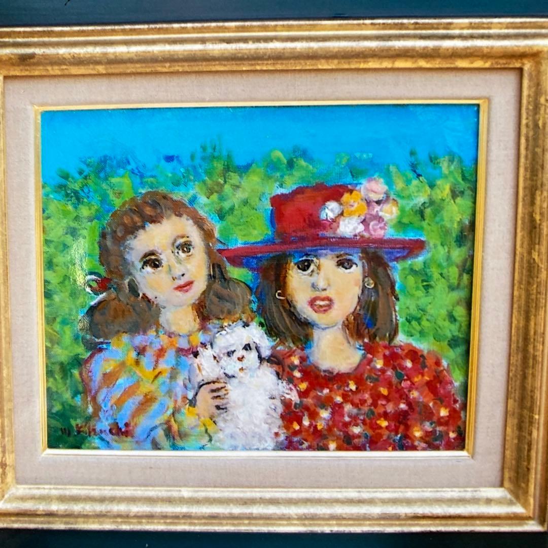 絵画　油絵　油彩画　菊地正則　F3号　「仲良し二人」美品　額付き　サイン　アート