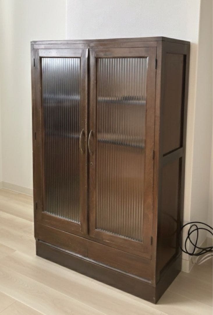 ヴィンテージ 木製キャビネット(モールガラス扉、引出し)