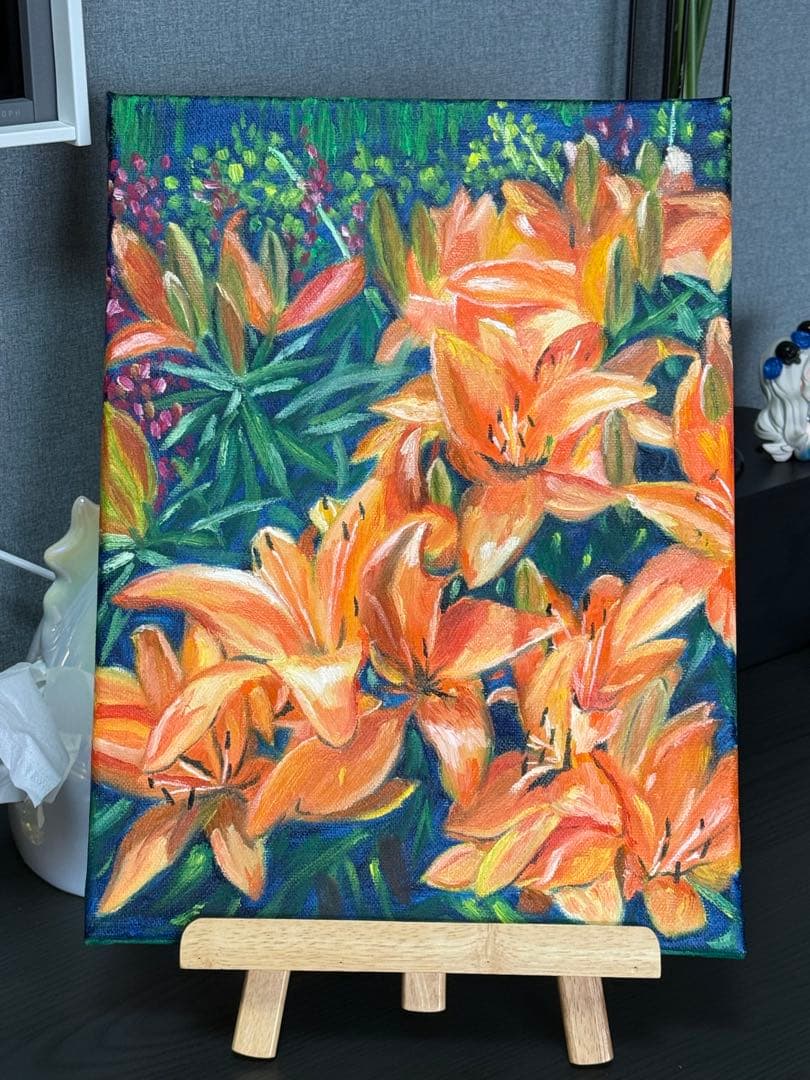 「百合満開」　手描き　油絵　風景画　原画　油彩画　花