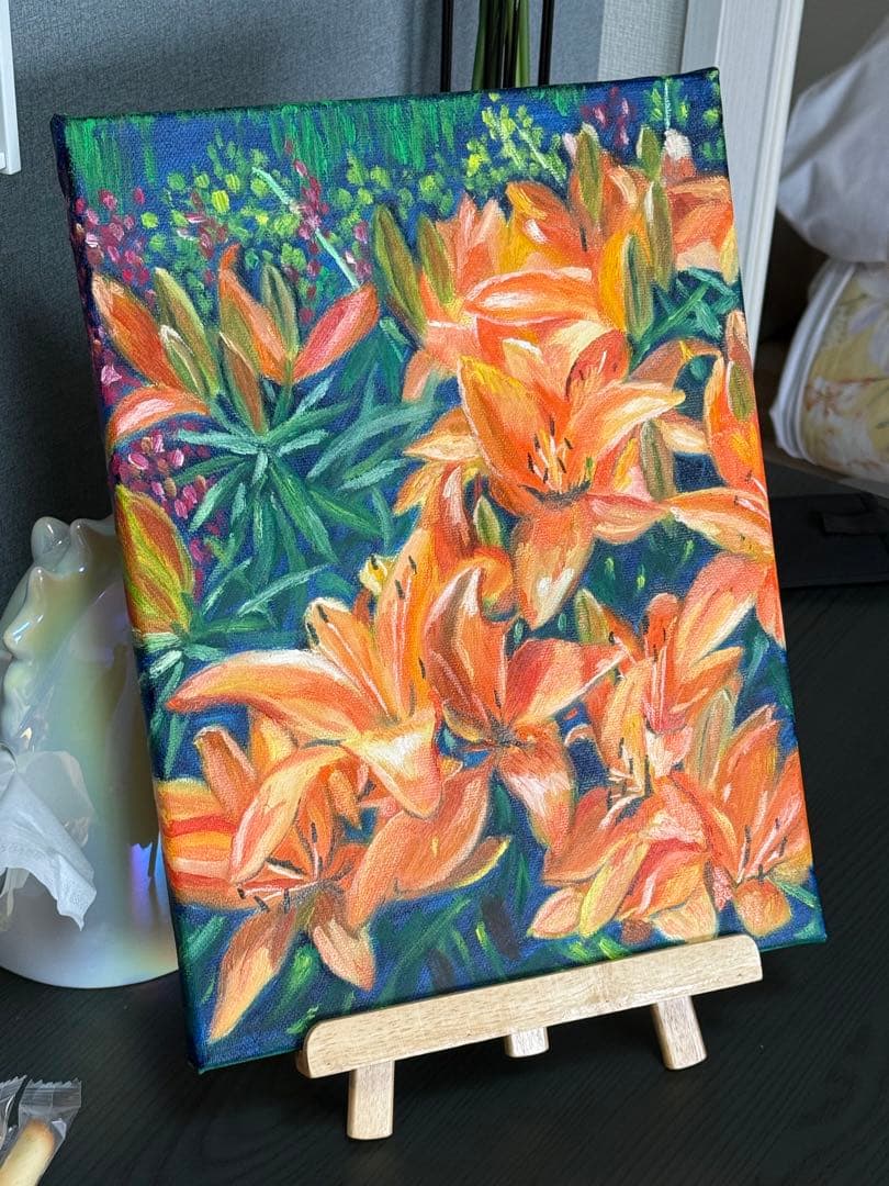 「百合満開」　手描き　油絵　風景画　原画　油彩画　花