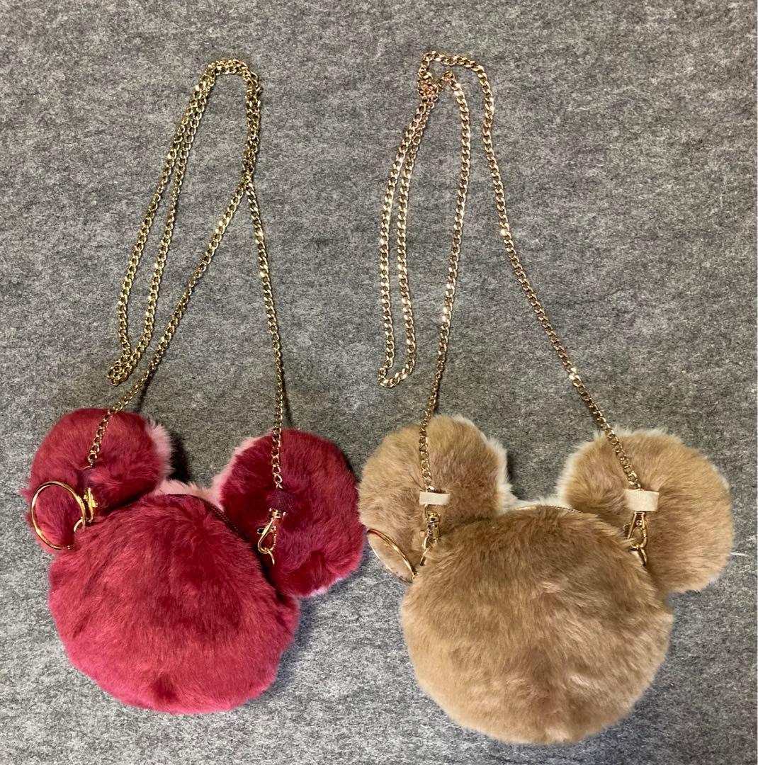 ディズニー　カチューシャ　ショルダーバッグ　もこもこ　ピンク　白　ボア