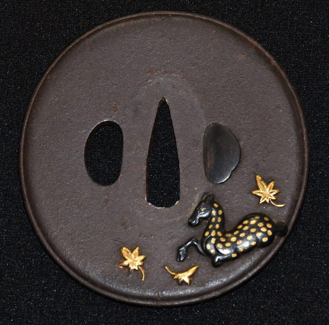 特別保存刀装具鑑定書　楓臥鹿図鐔　無銘　水戸　鍔(つば)