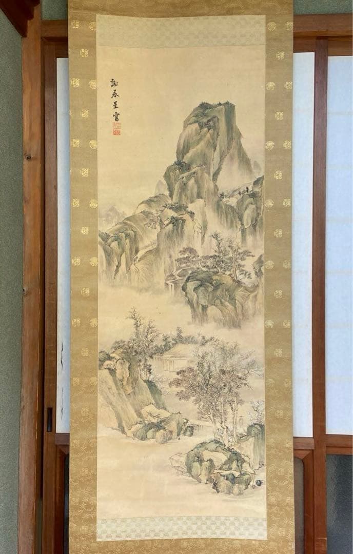 与謝蕪村筆青緑山水の図掛軸 絹本