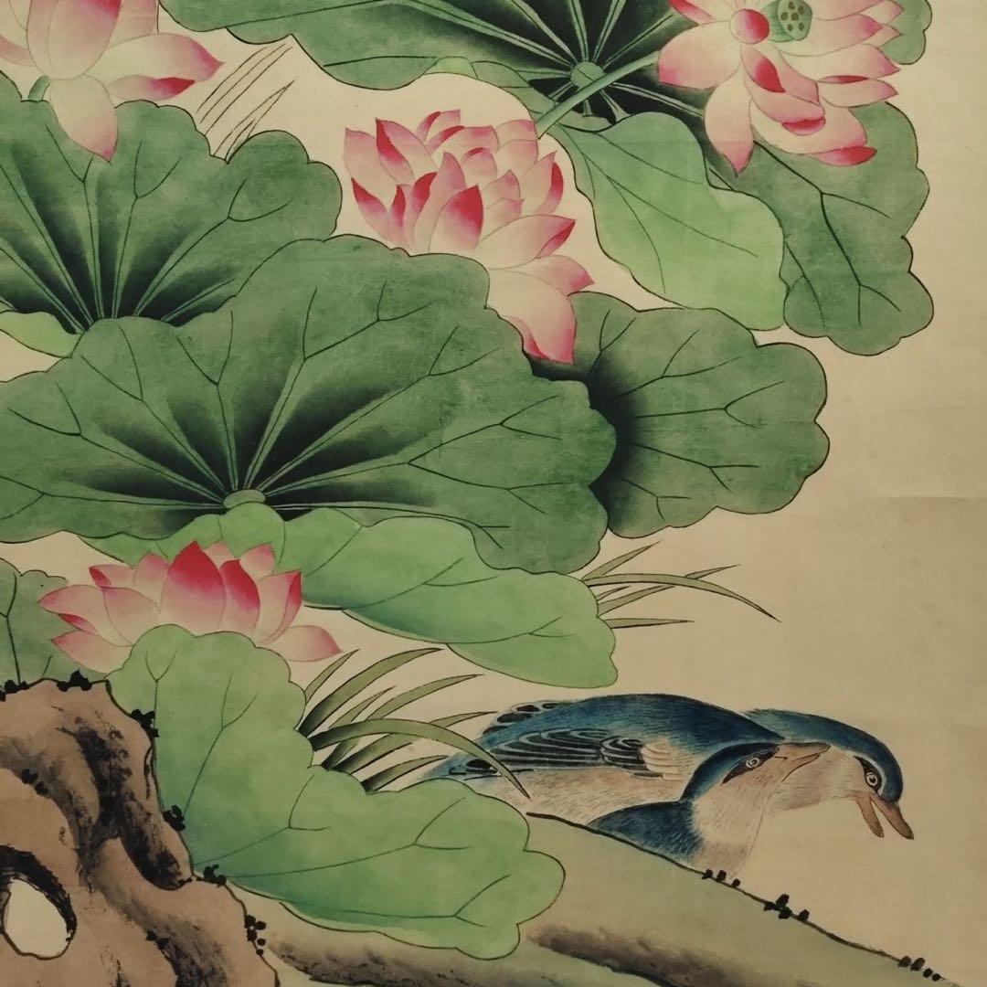 祝允明 花鳥画 掛け軸 中堂 蓮・芙蓉図 宣紙 表装済 サイズ：180×70cm