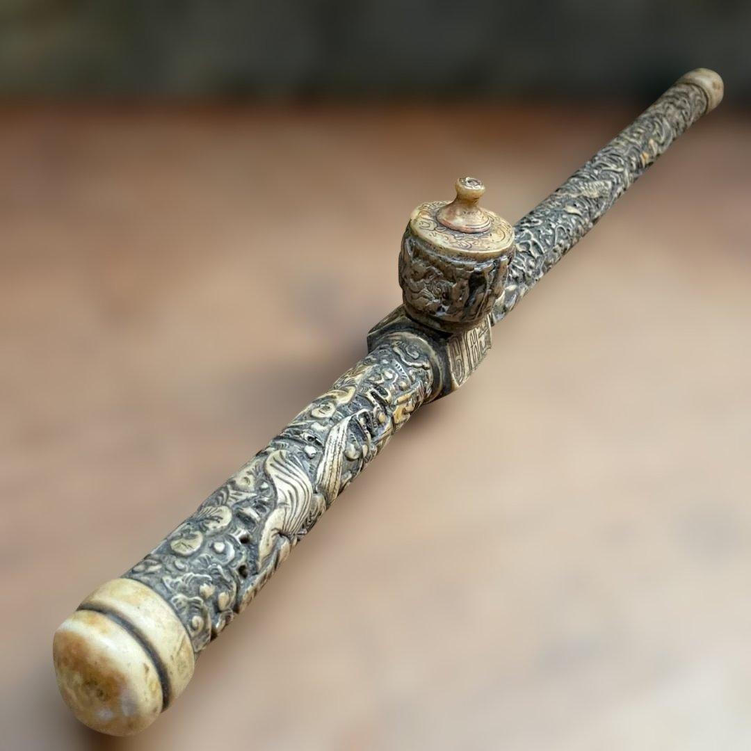 中国 骨董 古玩 古美術 アンティーク 阿片 煙管 アヘン パイプ 彫刻