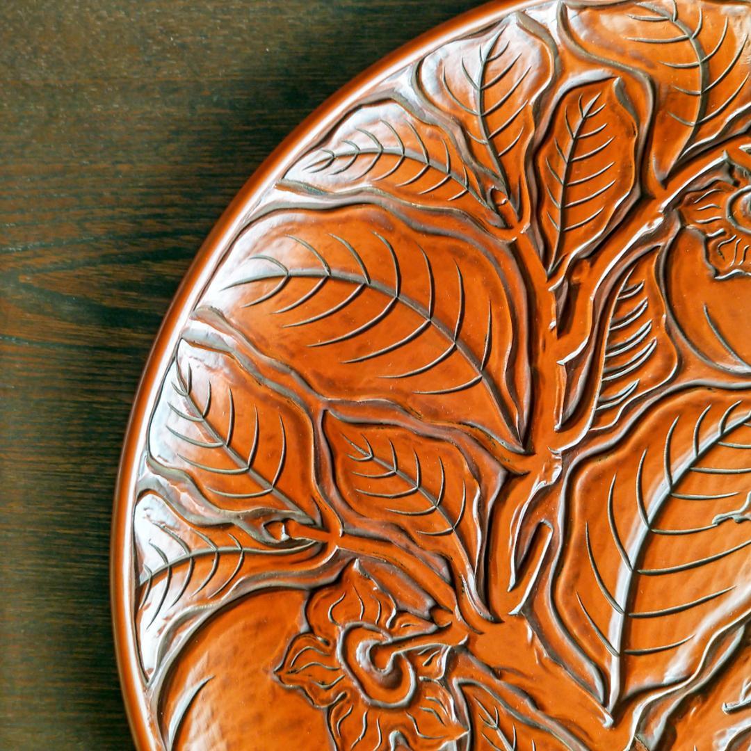 鎌倉彫　博古堂　大型　11寸　35.5㎝　柿モチーフ　丸皿・丸盆