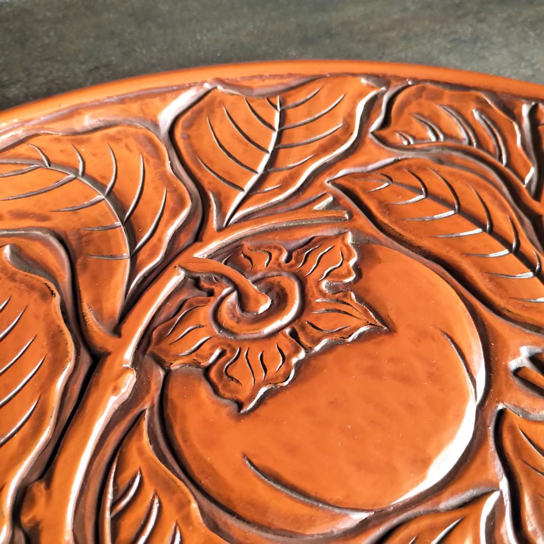 鎌倉彫　博古堂　大型　11寸　35.5㎝　柿モチーフ　丸皿・丸盆