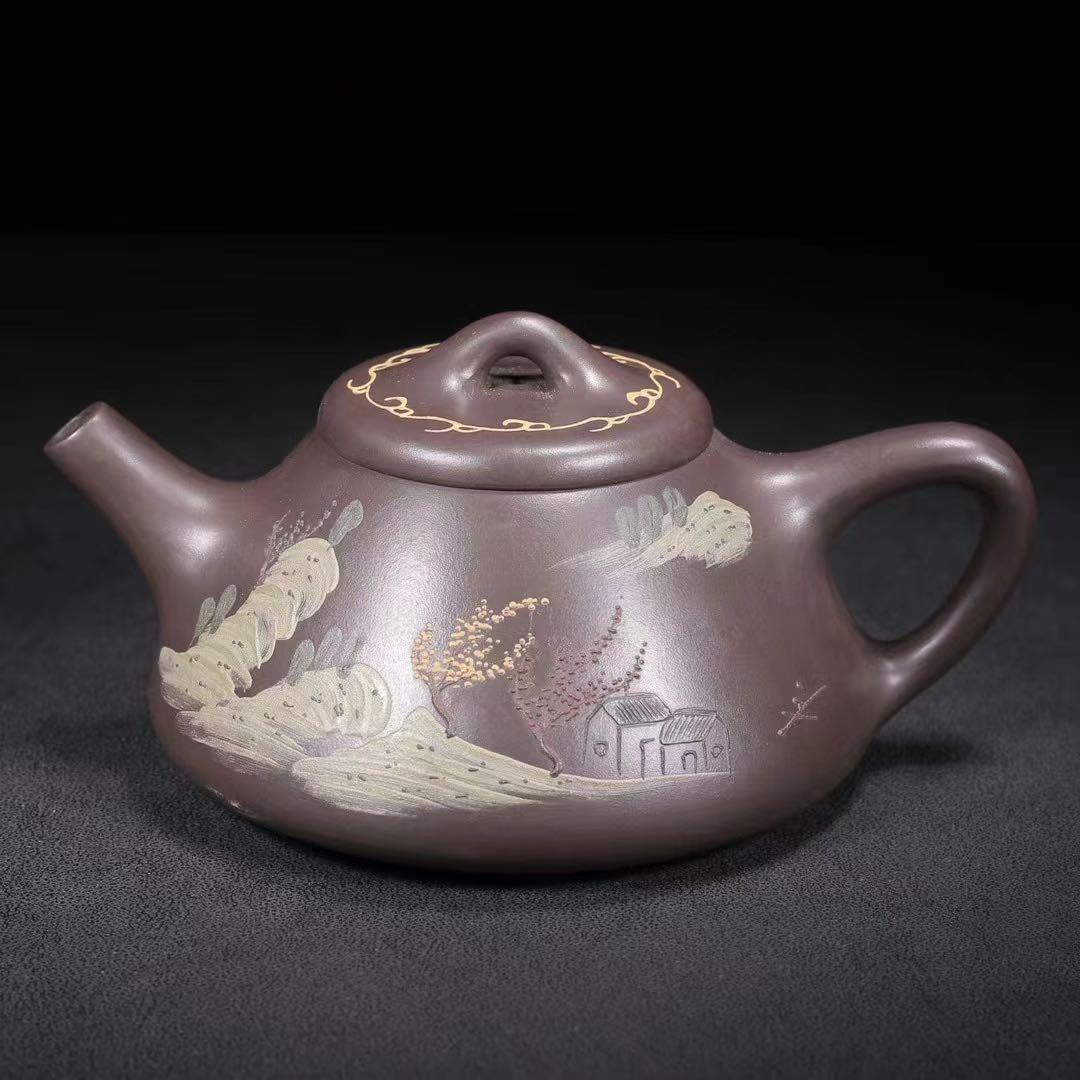 中国古美術・原鉱紫泥・山高水長紋紫砂壺・紫泥急須・茶壺・茶道具・希少珍品・賞物・