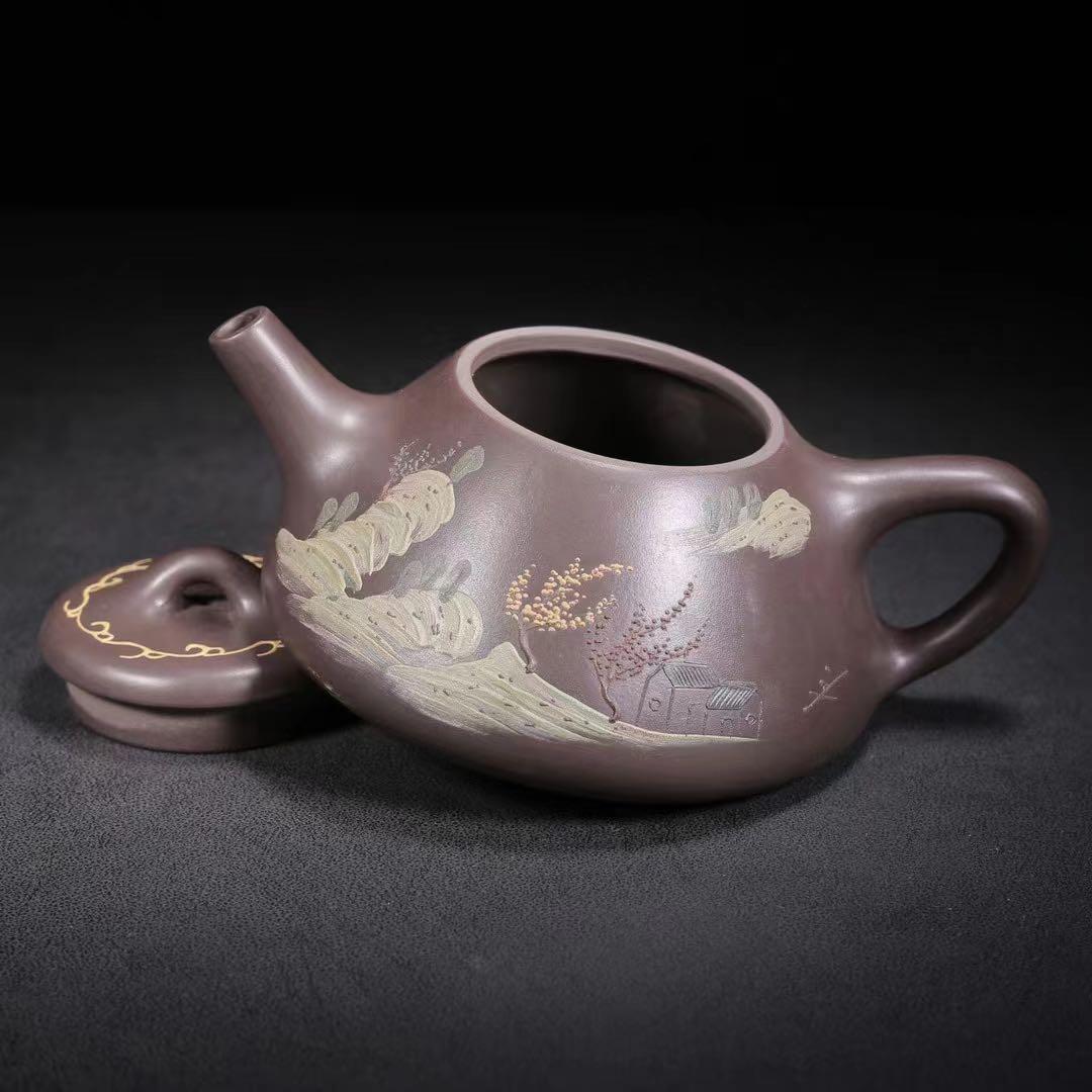 中国古美術・原鉱紫泥・山高水長紋紫砂壺・紫泥急須・茶壺・茶道具・希少珍品・賞物・