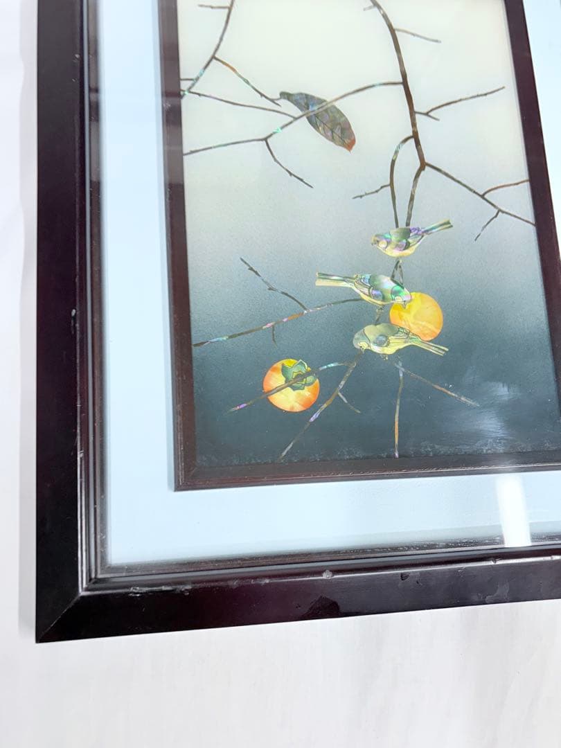 螺鈿細工 日本画 鳥 果物 柿 額装 絵画 アート アンティーク