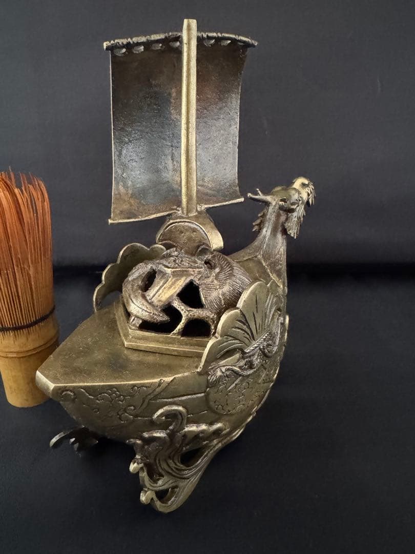 香炉　宝船 龍 銅 彫刻 置物 金運 開運 風水 骨董 インテリア　アンティーク