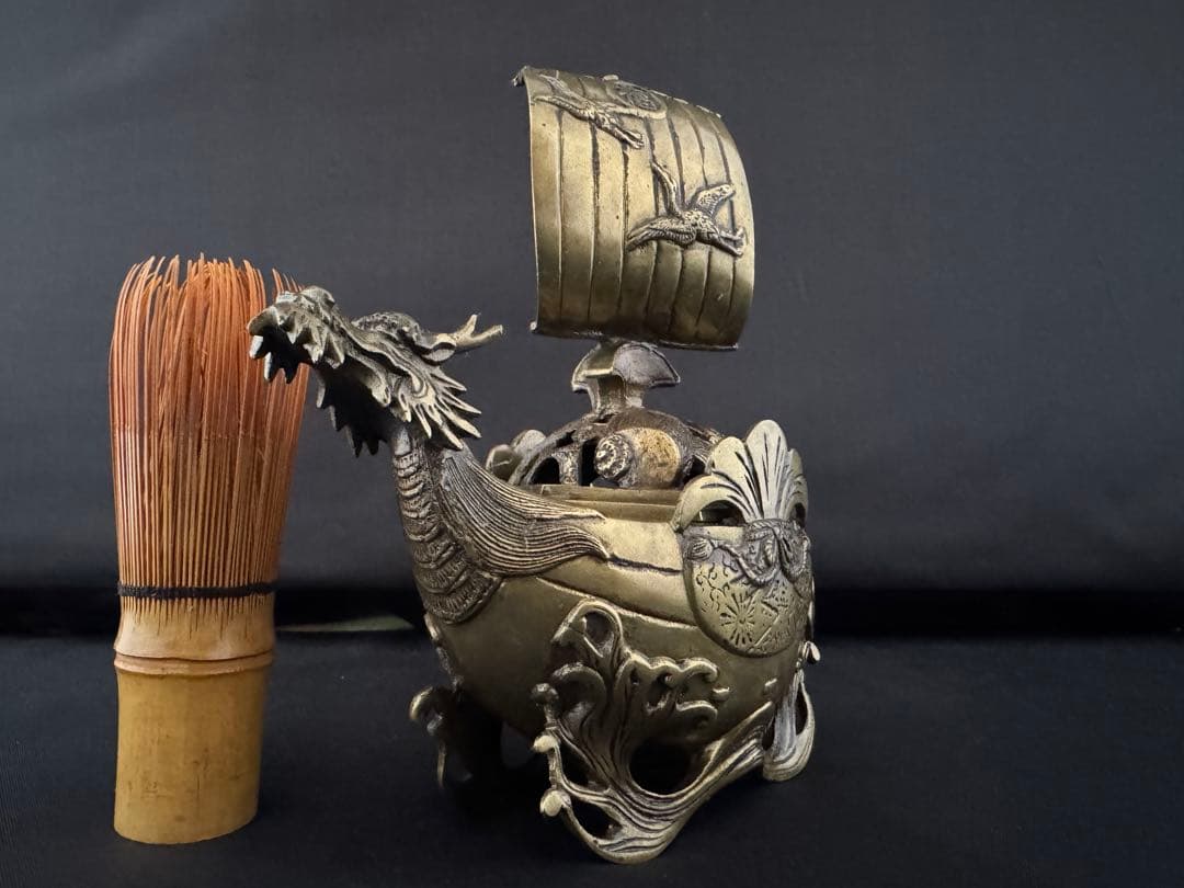 香炉　宝船 龍 銅 彫刻 置物 金運 開運 風水 骨董 インテリア　アンティーク