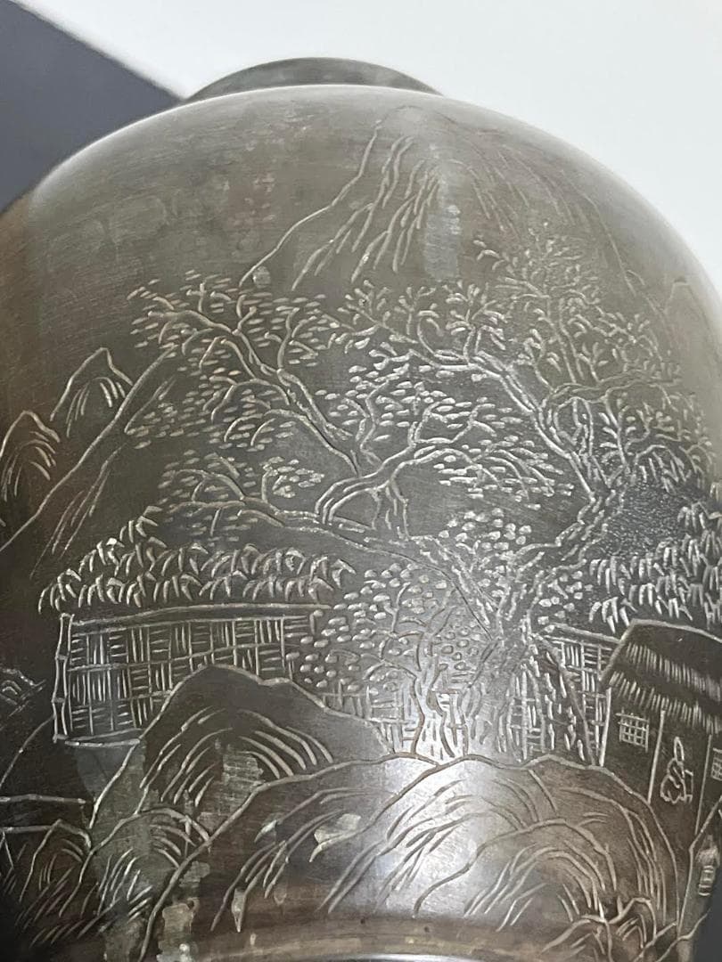 御錫屋天下一美作守款 一刀老人彫 　古錫　茶壷１８.５cm　茶心壺　茶入　煎茶