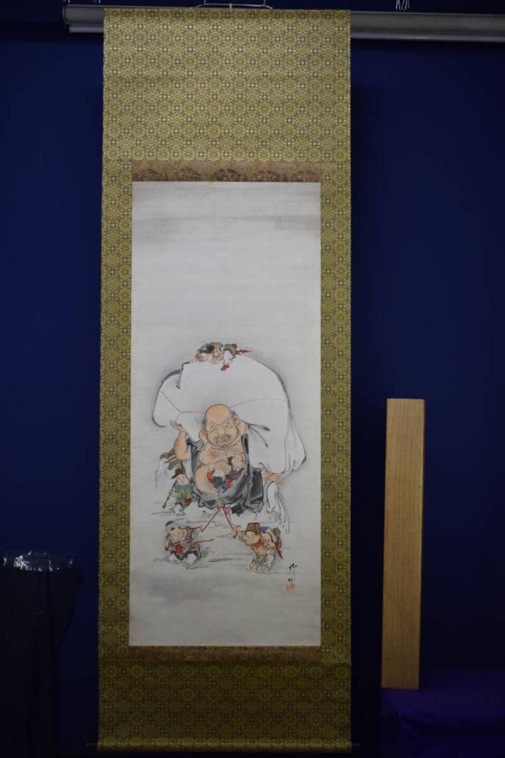 真作/五代目/歌川国政/竹内柳蛙/唐子布袋図/布袋屋掛軸HE-929