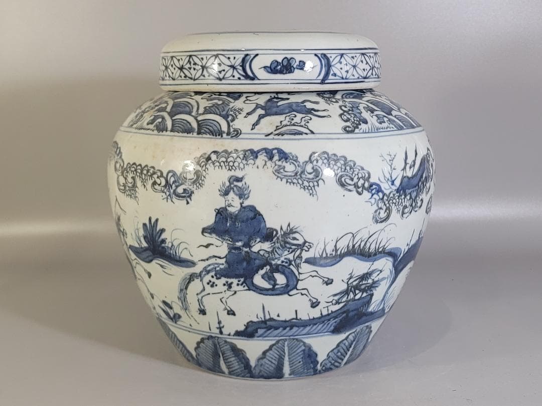 中国 染付 武人紋 蓋壷 茶入 DT166