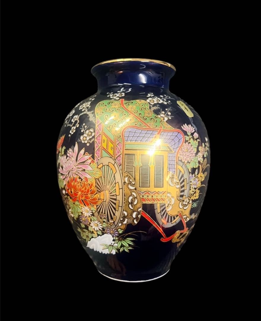 九谷焼　文峰心　時代物　金彩装飾壺 鷹椿　 花瓶&灰皿セット