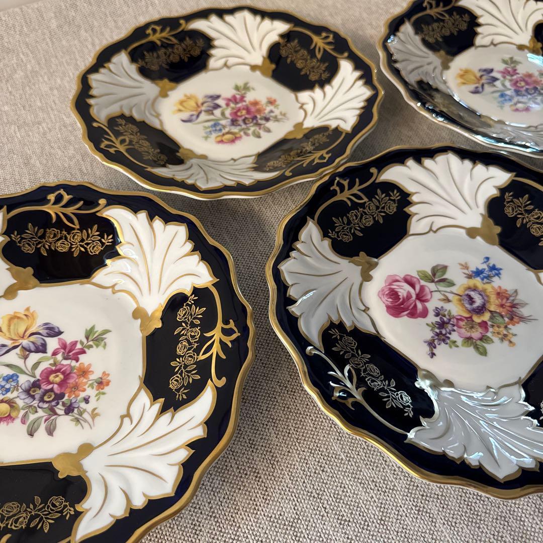 ワイマール　WEIMAR 金彩コバルトブルー フラワー　プレート4枚セット