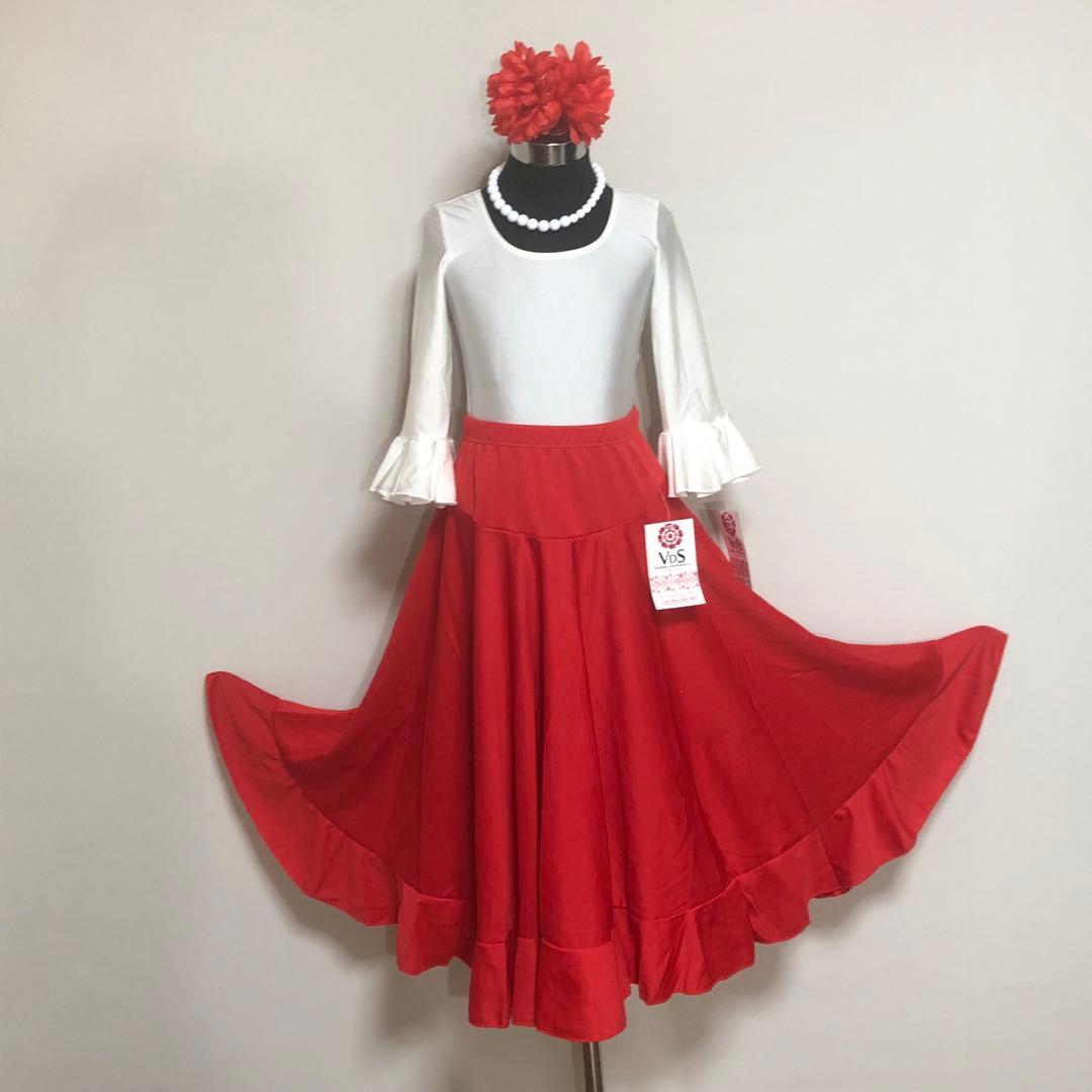 スペイン直輸入★8歳用フラメンコファルダ&レオタードセット 赤白