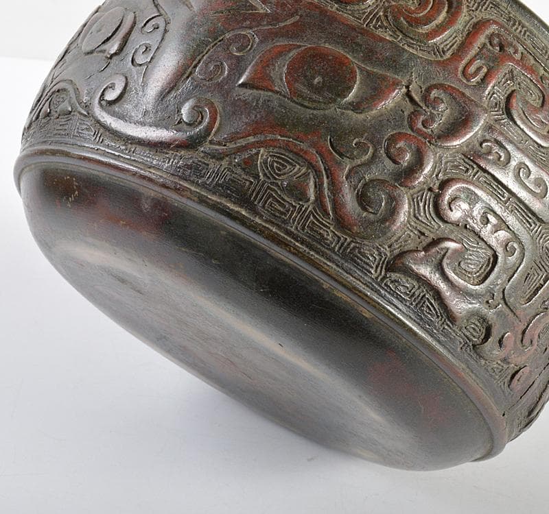 中国　古銅宣徳銅　斑紫銅饕餮文　建水　茶こぼし　時代箱　D　R4620