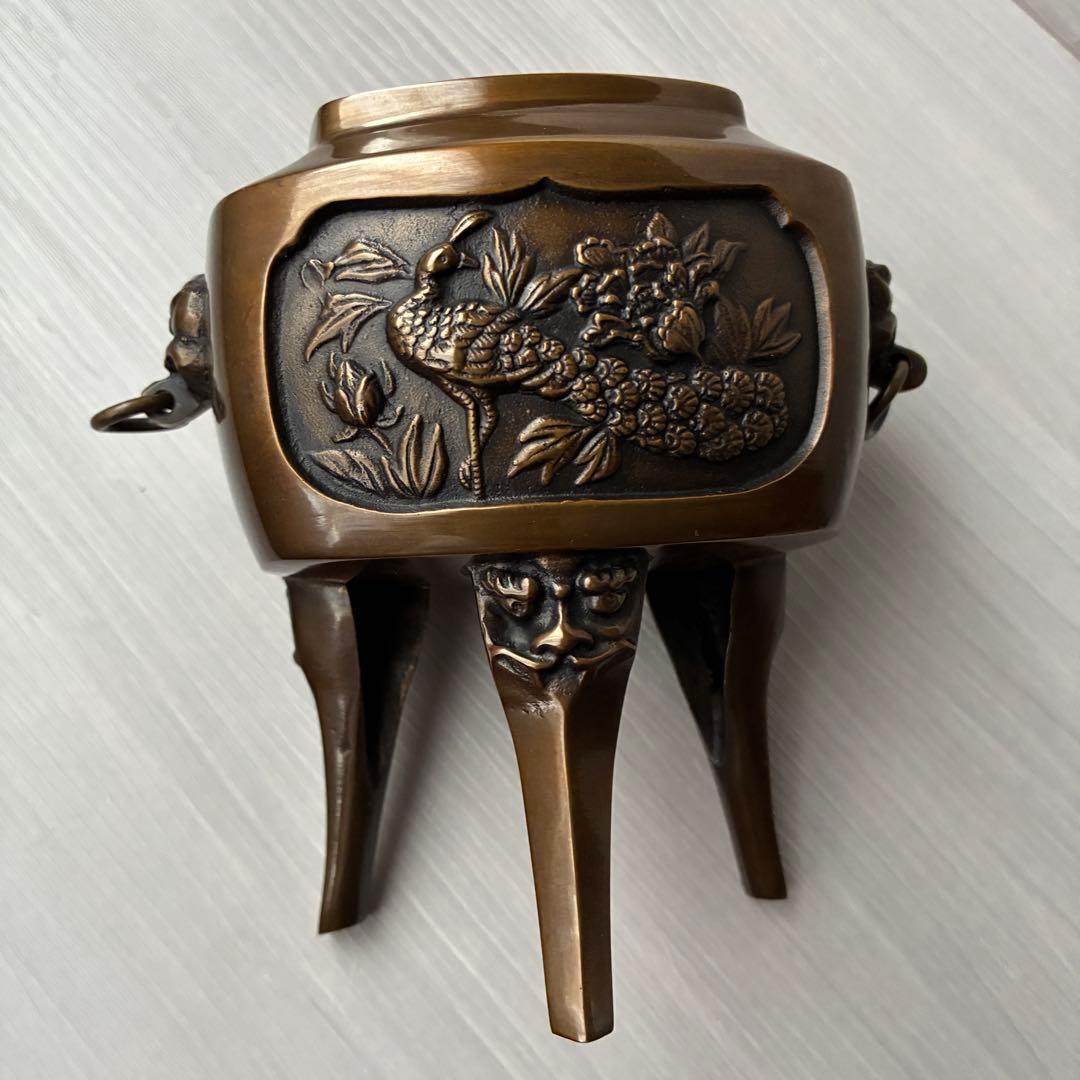 香炉　青銅製　獅子　孔雀　三足　高岡銅器　瑞峰作　茶道具　香道具　お香付き