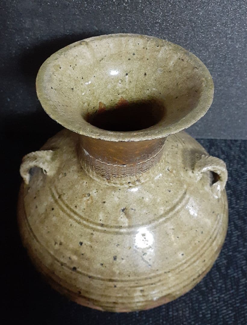 伝】平安～鎌倉時代　古瀬戸　灰釉　双耳広口　壺【検索　須恵器　猿投　新羅　土器