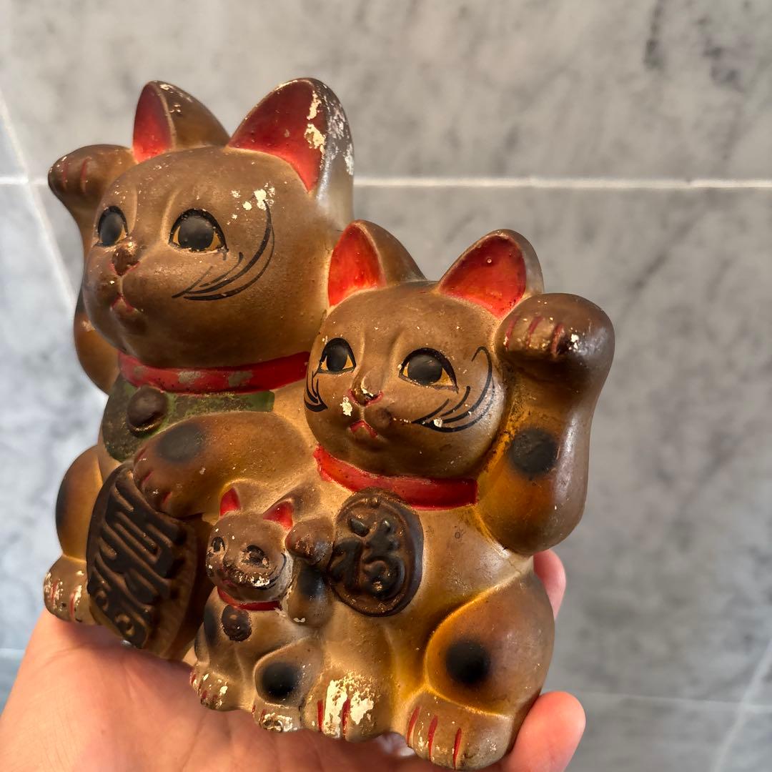 アンティーク雰囲気抜群の良き人、お金を呼び込む親子招き猫