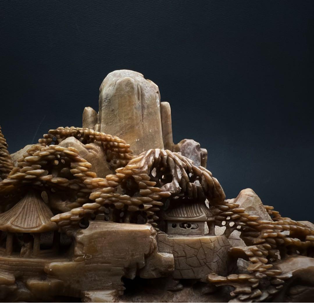 中国美術 壽山石彫 楼閣山水彫 細密彫刻 オブジェ 鑑賞石