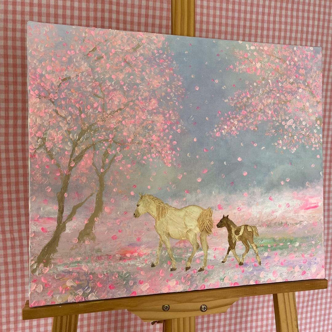 馬　馬の絵 桜 花の絵 テクスチャーアート さくら