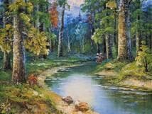 【真作】絵画　油彩12号　深緑の森とせせらぎ　自然美のアート　森林風景　Y158