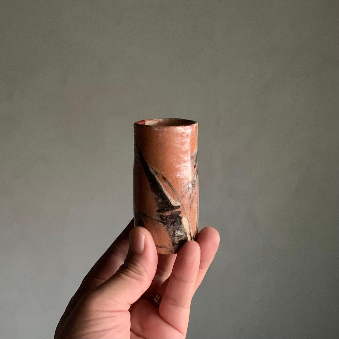 京焼 赤楽 筒盃 ぐい呑み 酒器 竹 筒向付 古美術 古道具 アンティーク