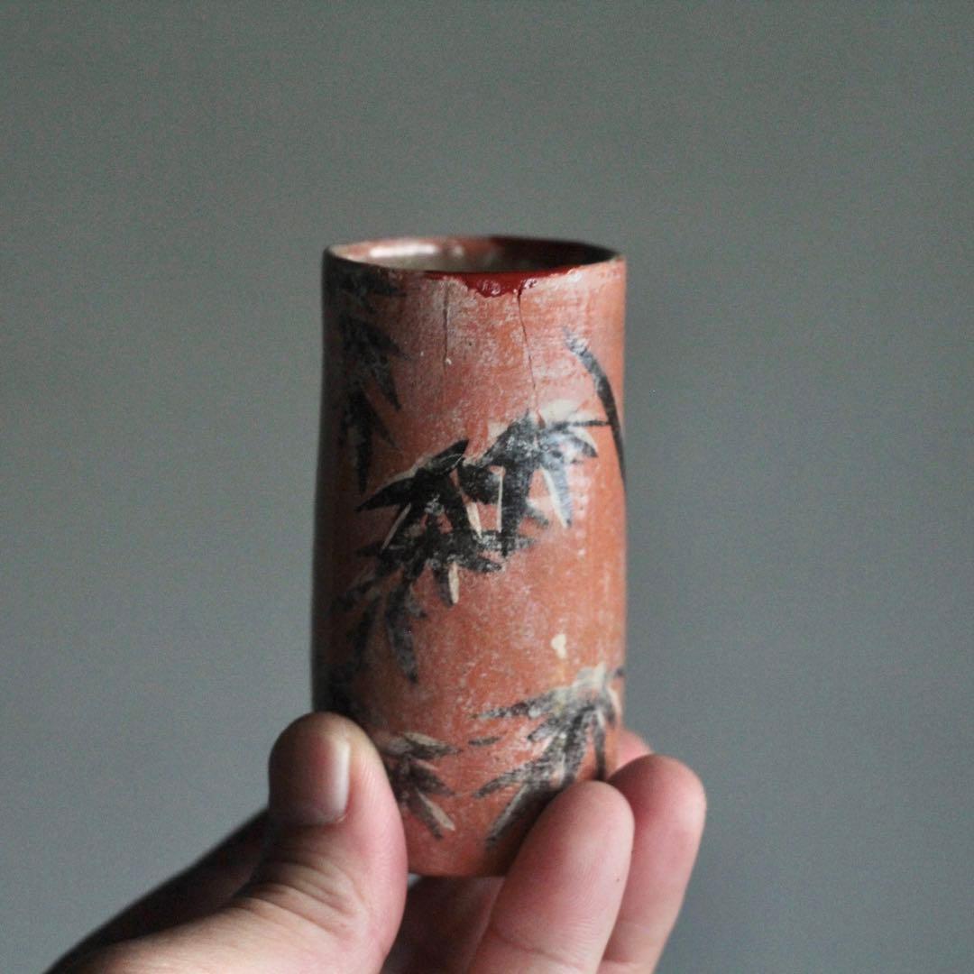 京焼 赤楽 筒盃 ぐい呑み 酒器 竹 筒向付 古美術 古道具 アンティーク