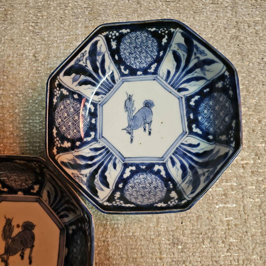 江戸後期 古伊万里 染付八角麒麟鉢 5客