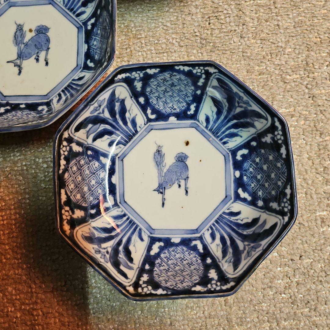 江戸後期 古伊万里 染付八角麒麟鉢 5客