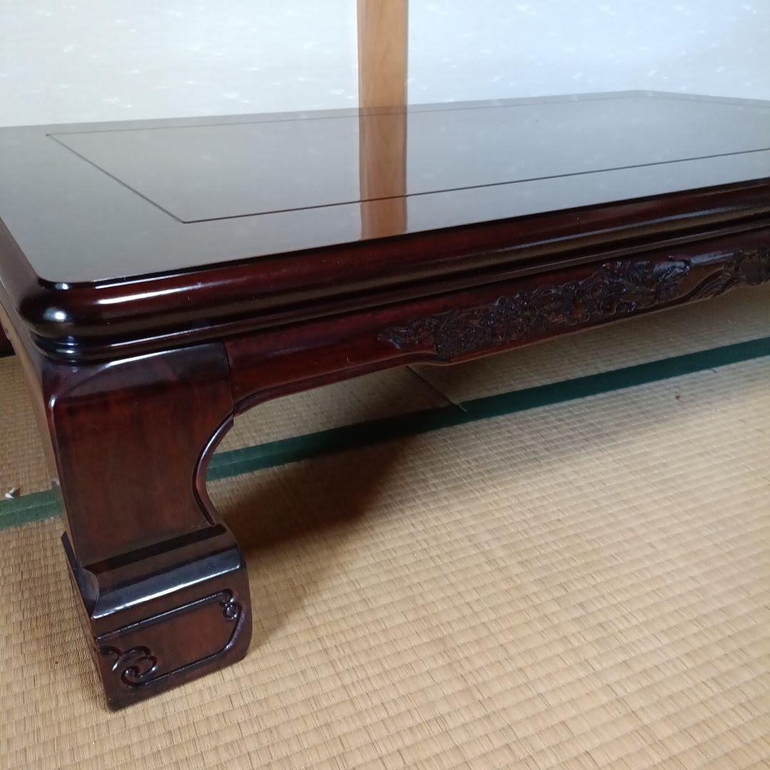 引き取り限定 木製座卓 ダークブラウン 彫刻装飾付き