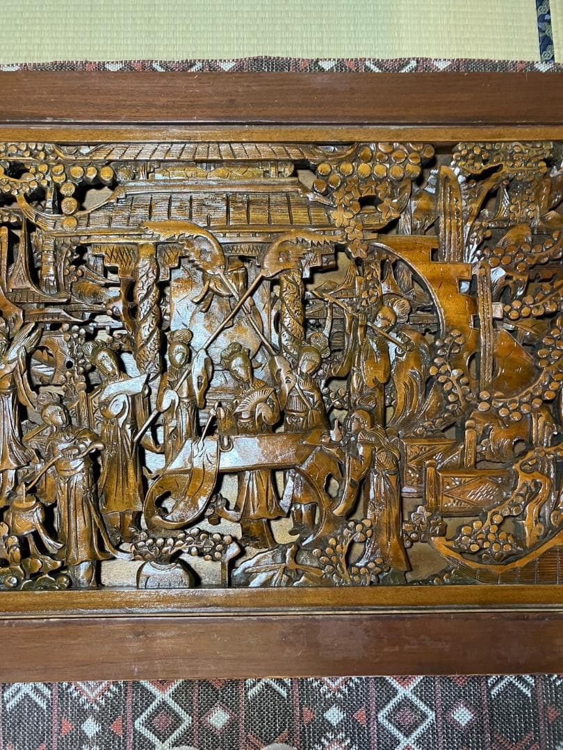 美品⭐︎希少な木製彫刻テーブル　年代物　アジア　オリエンタル　ガラス　レトロ