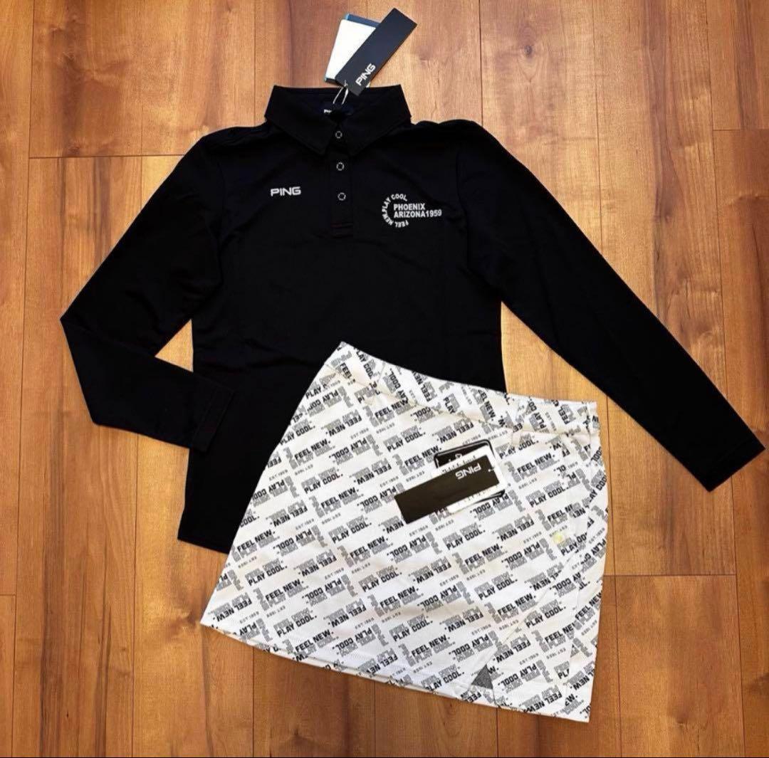 PING 長袖　ポロシャツ　スリットスカート　ストレッチ　総柄　春夏秋　長袖