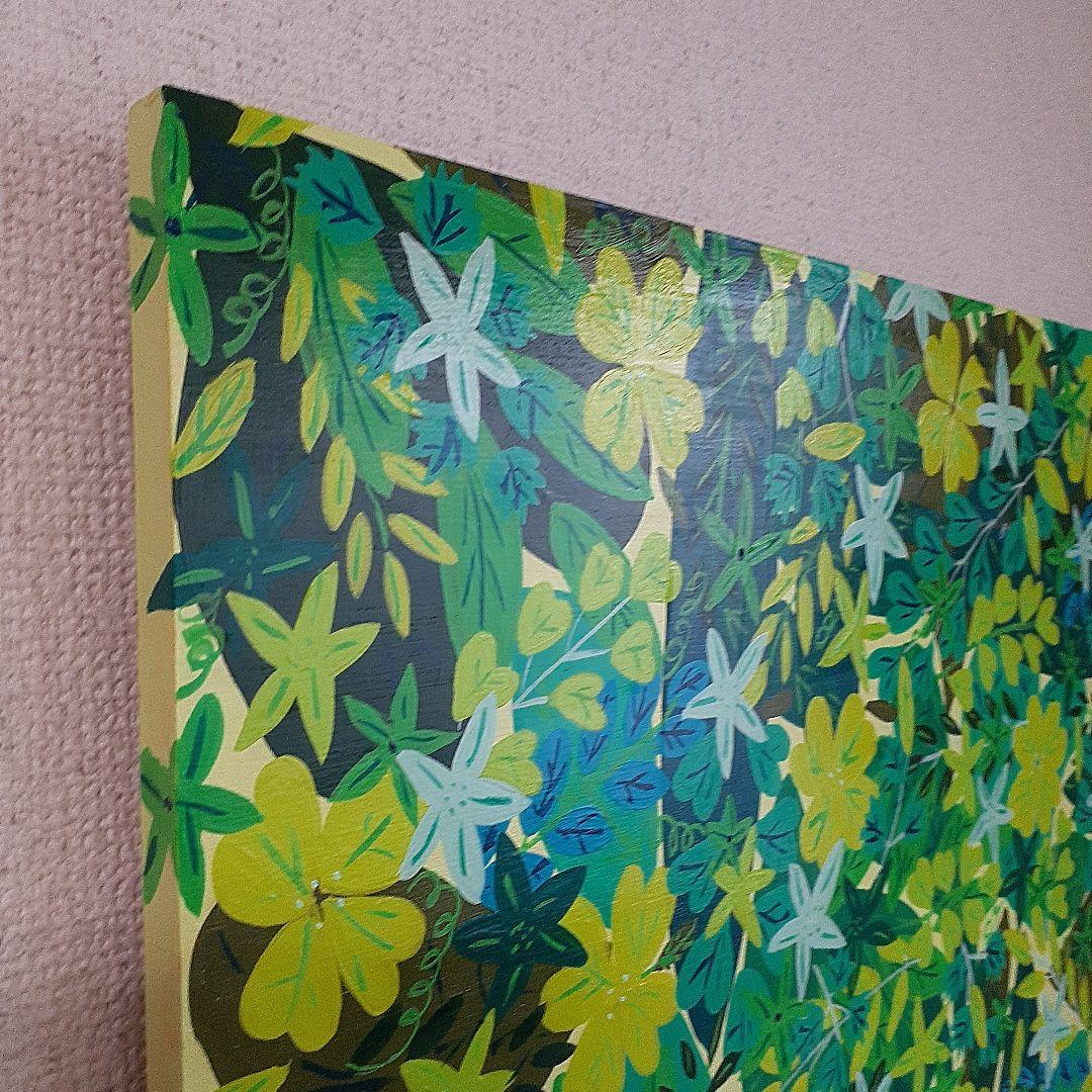 緑だらけの作品　F10号ボード　同じ緑でも色んな色や形がある！　小楠アキコ作品