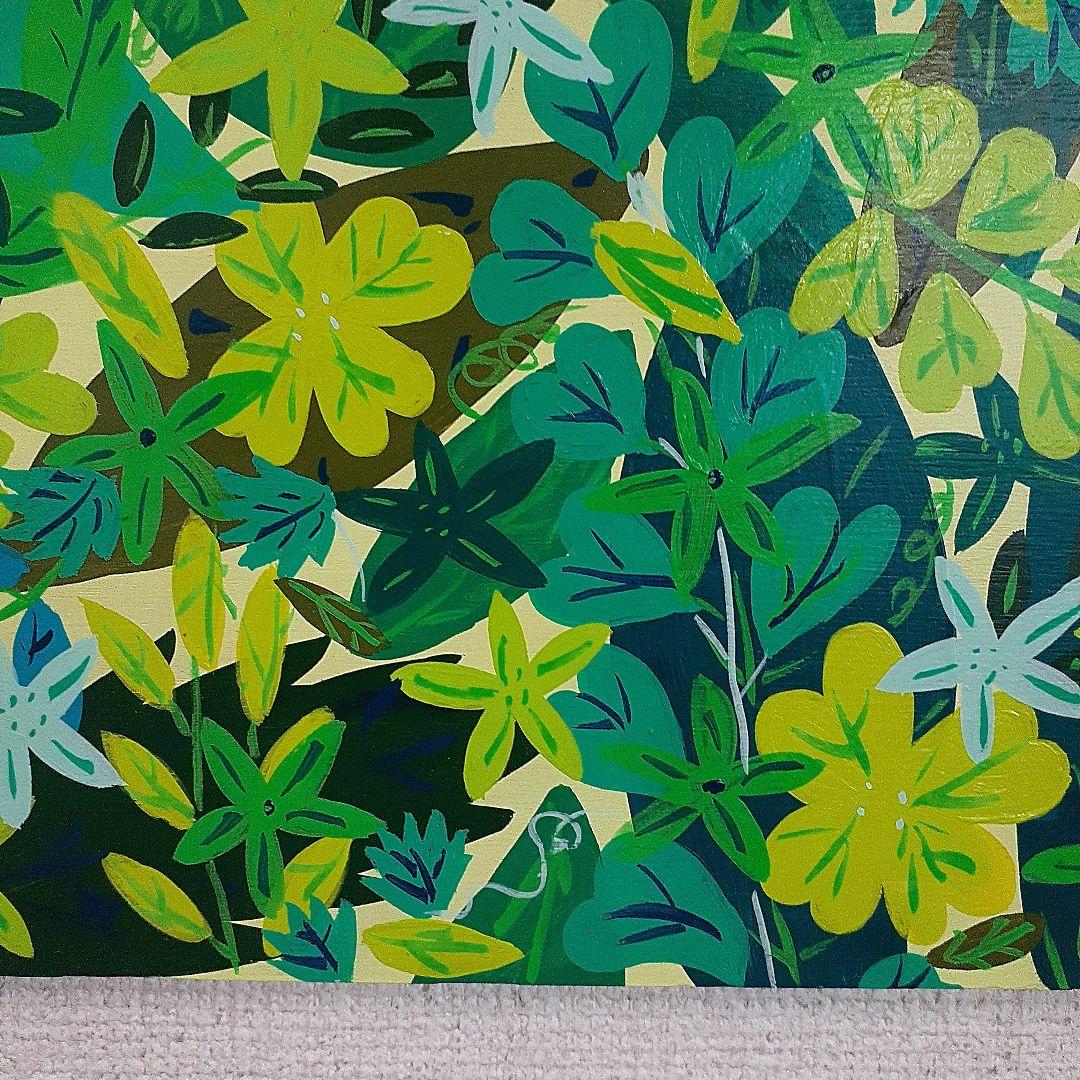 緑だらけの作品　F10号ボード　同じ緑でも色んな色や形がある！　小楠アキコ作品