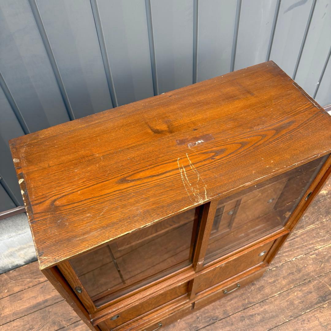 昭和レトロ 無垢材 茶棚 茶箪笥 ガラス戸 サイドボード 古家具 ビンテージ