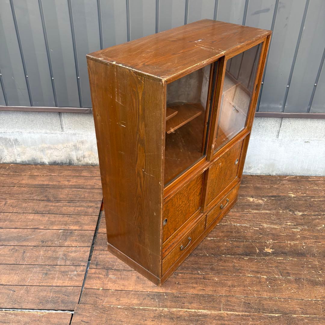 昭和レトロ 無垢材 茶棚 茶箪笥 ガラス戸 サイドボード 古家具 ビンテージ