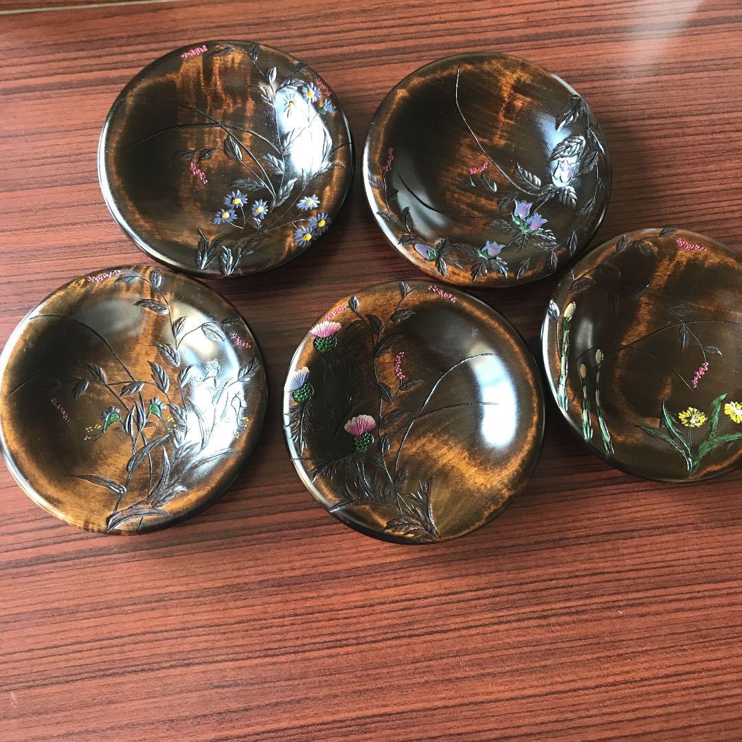 川添日記 にっき おたふく皿 漆器 5枚組 草木彫 未使用 お茶席 インテリア