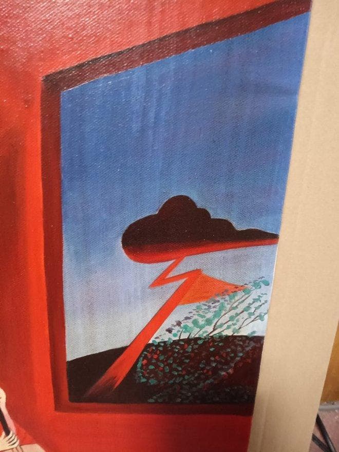 油彩画　斎藤真一作　「赫い雪」～越後瞽女日記より～　額付　共シールル