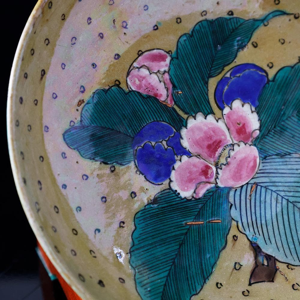 時代年代物 九谷 青手色絵 花の図 七寸 飾皿 直径21㎝ 合せ箱